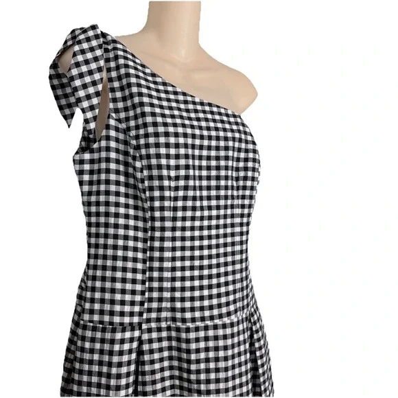 By Anthropologie One Shoulder Gingham Midi Dress Black White Cottagecore M - Picture 3 of 12